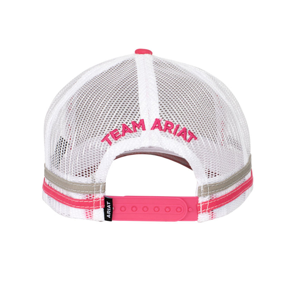 Ariat Women's Est Patch Trucker Cap. White cap with pink accents and 'Team Ariat' text on a white background