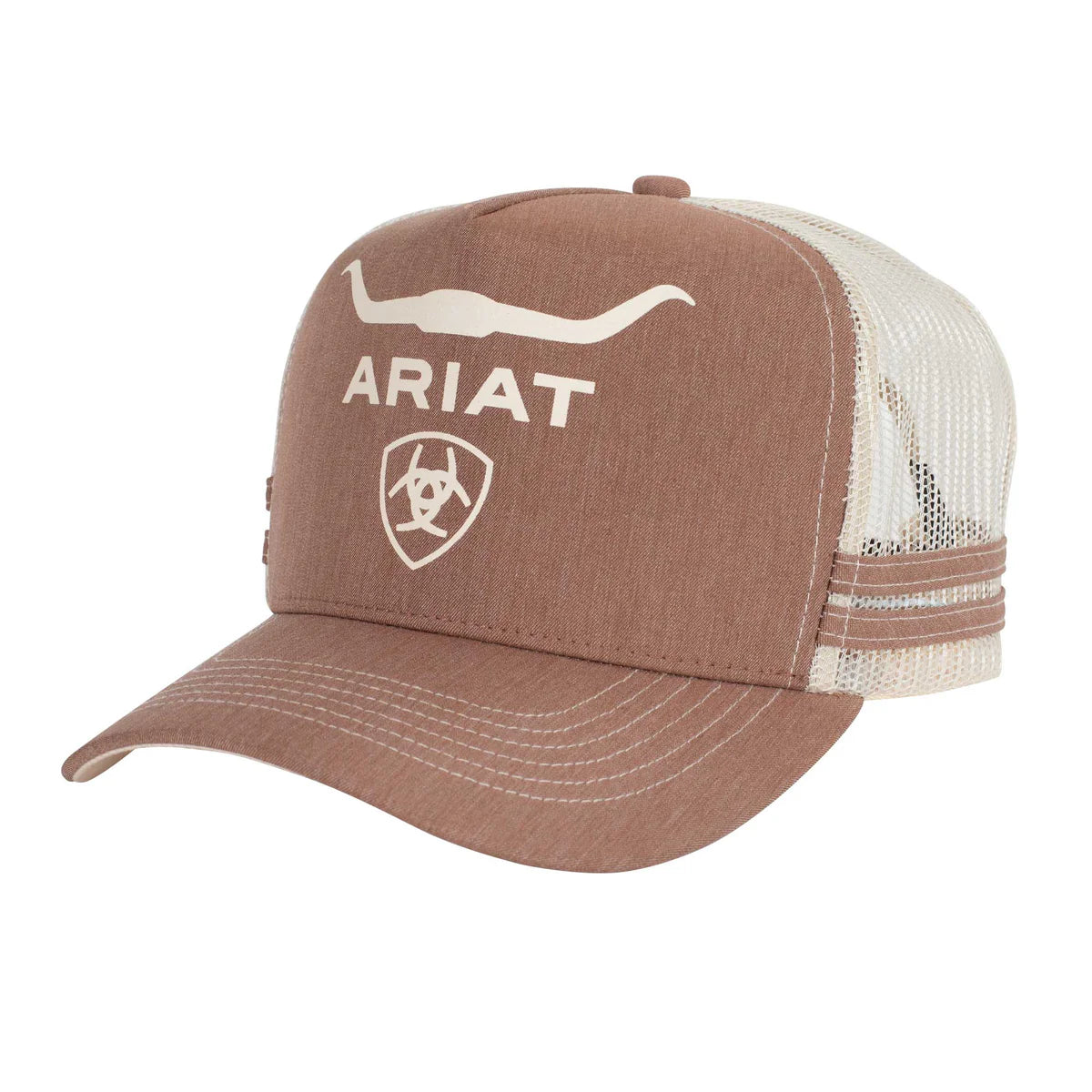 Brown and white cap with Ariat logo on a white background