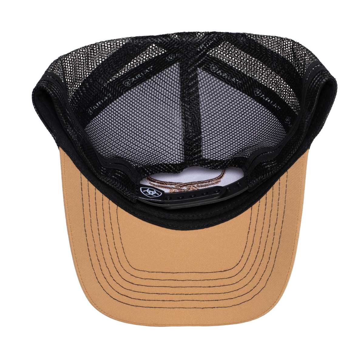 Ariat Bull Horn Trucker Cap. Beige cap with black mesh back on a white background