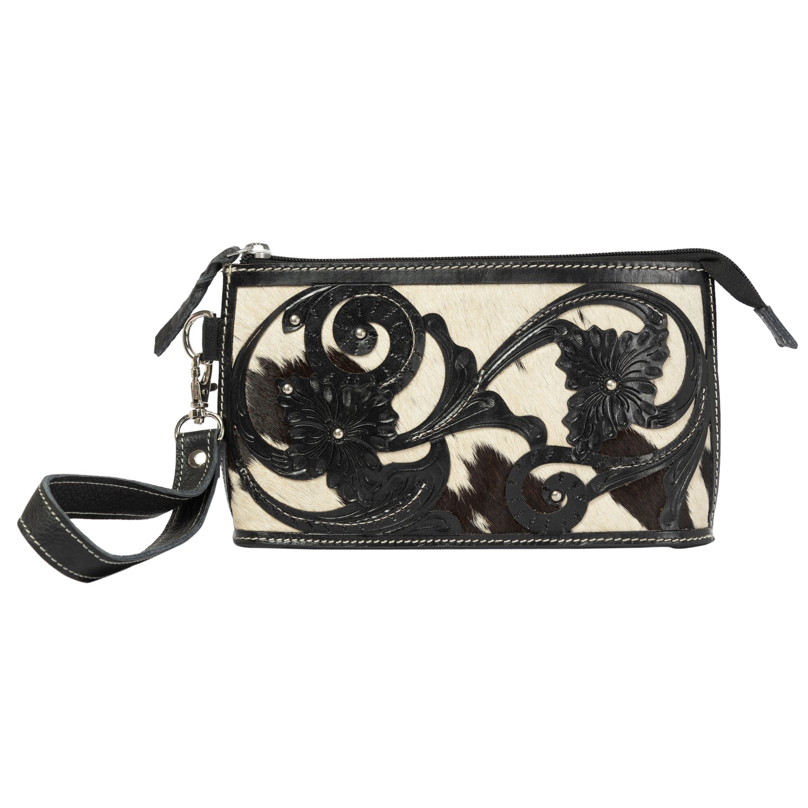 Black and white floral patterned clutch bag on a white background