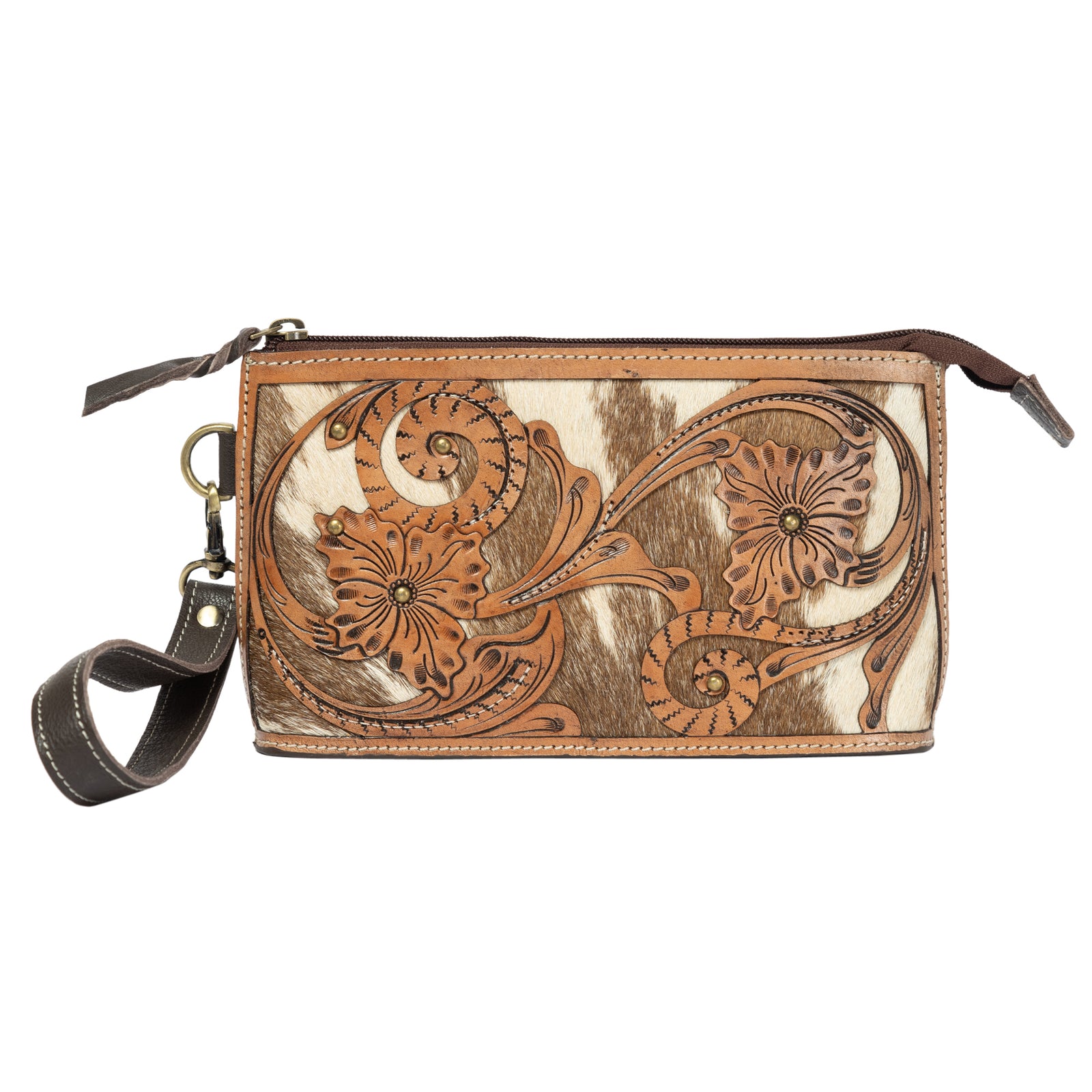 Brown leather clutch with floral patterns on a white background