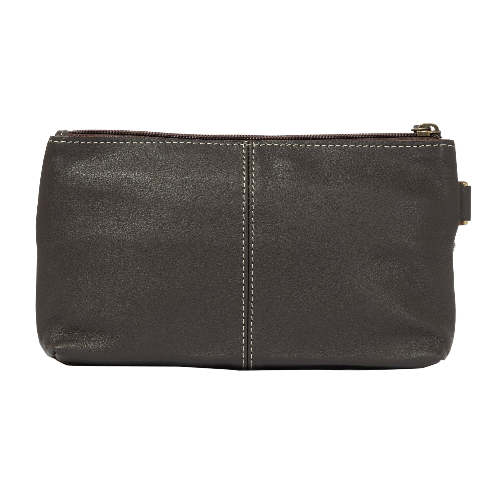 Dark gray leather pouch with a gold zipper on a white background