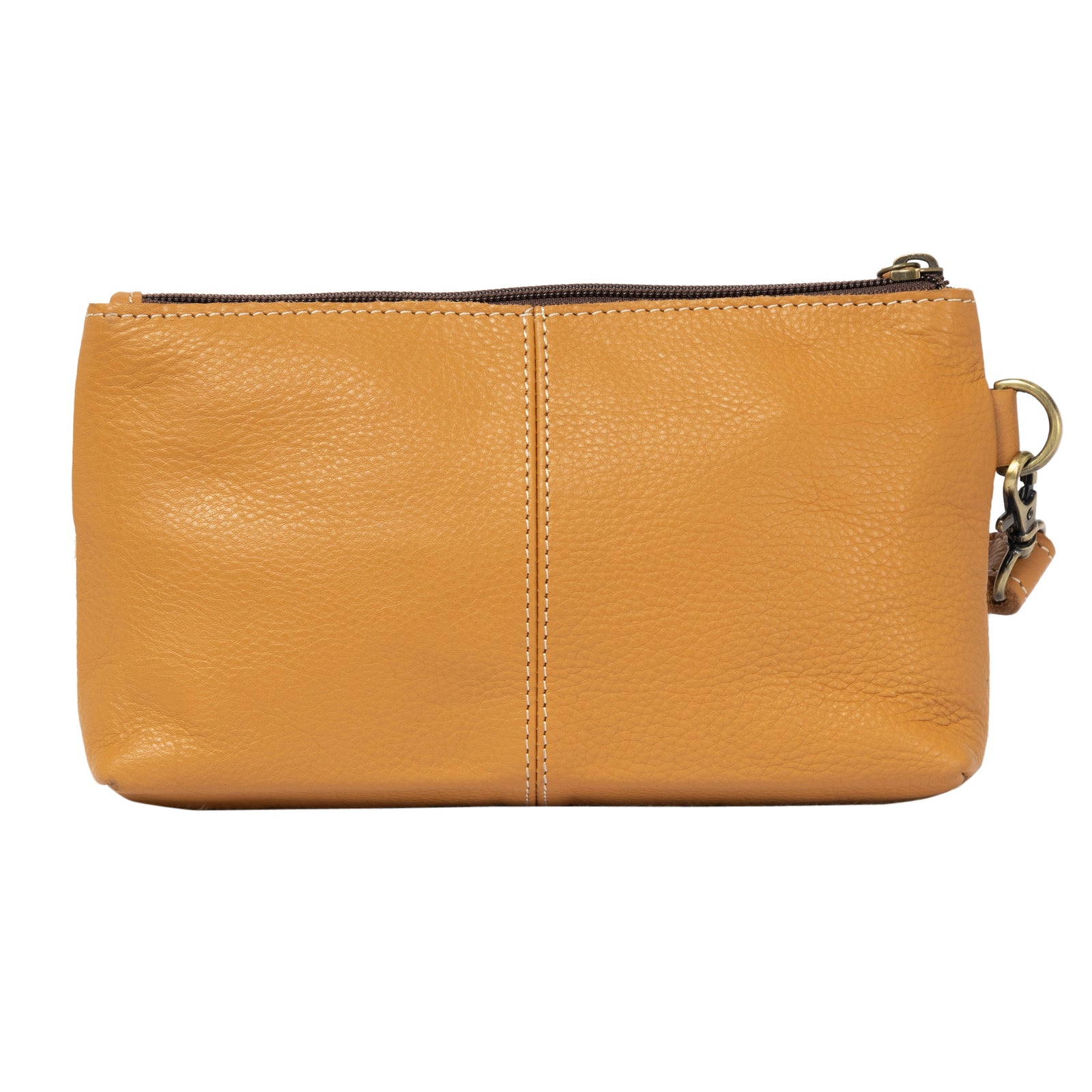 Tan leather clutch bag with a gold zipper on a white background