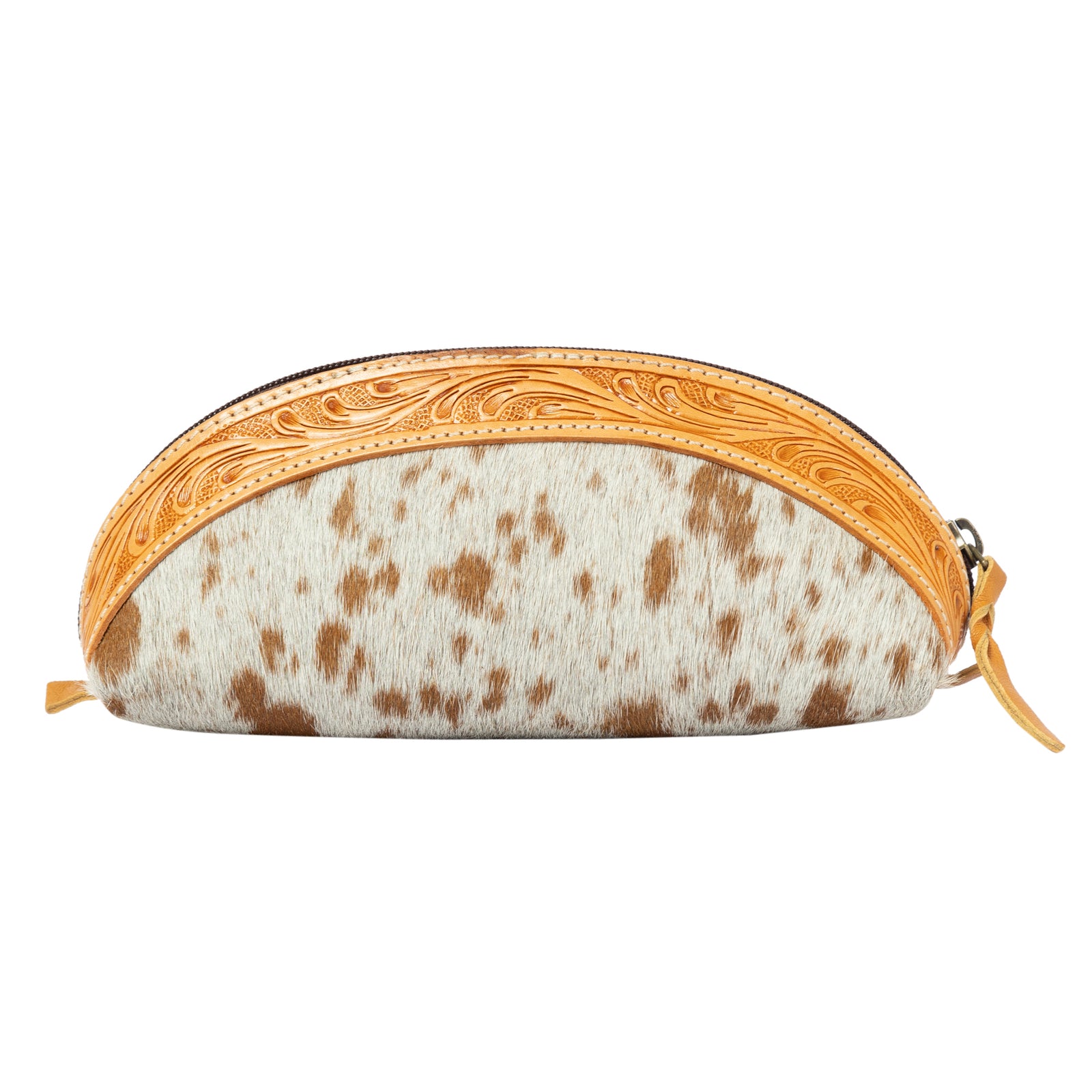 Cowhide leather pouch with decorative yellow stitching on a white background