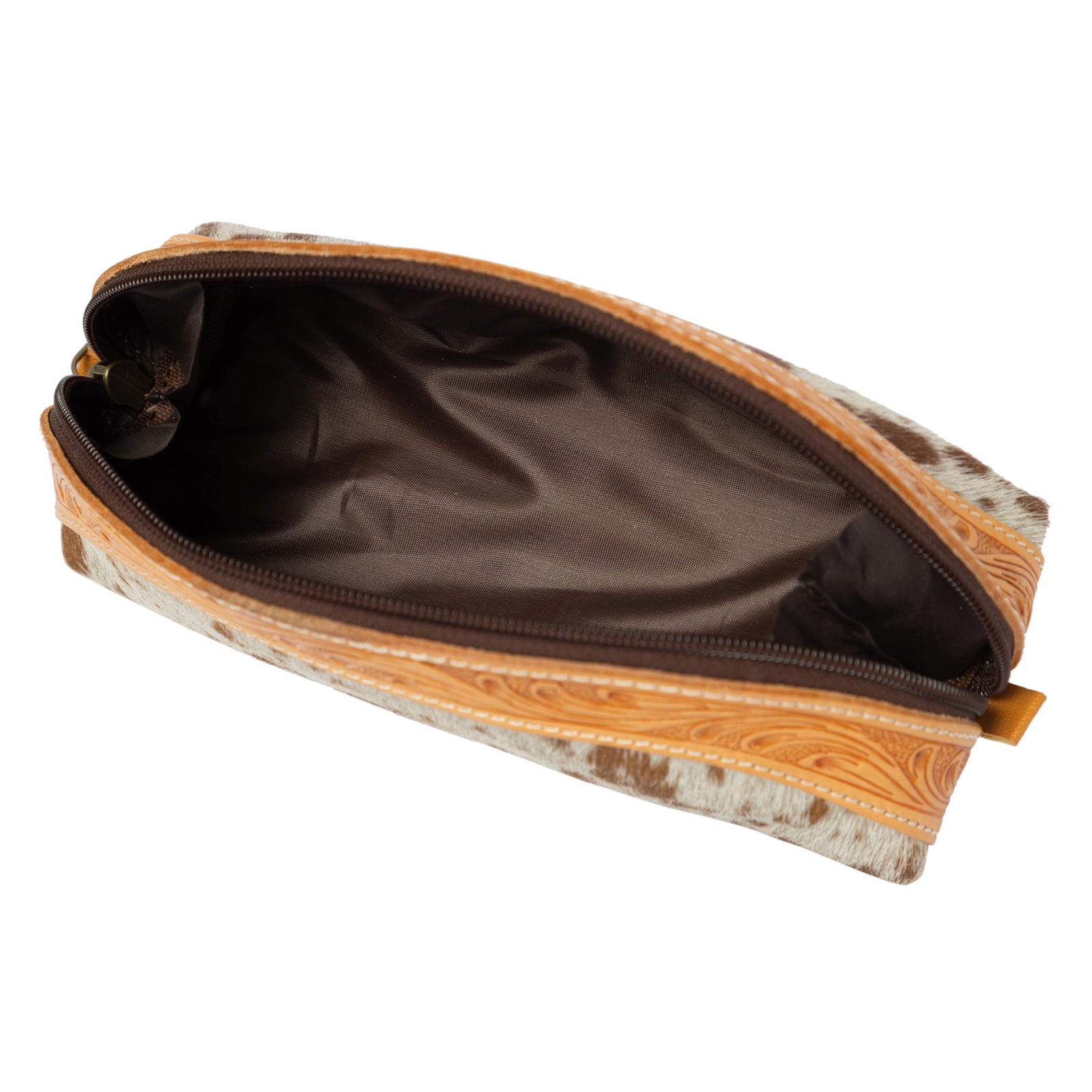 Open makeup bag with brown interior on a white background