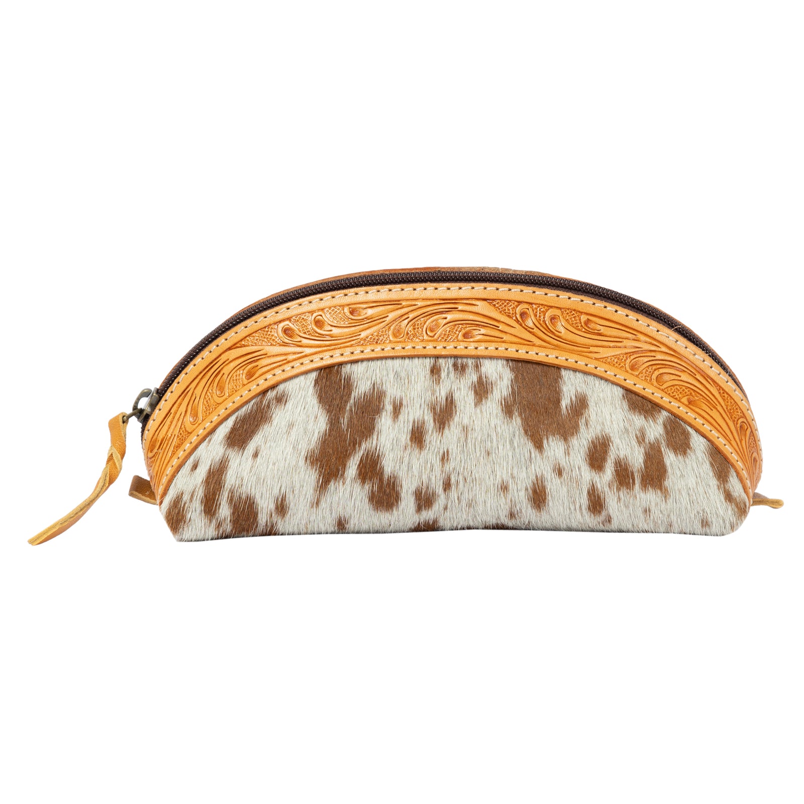 Eyeglass case with cowhide leather and decorative band on a white background