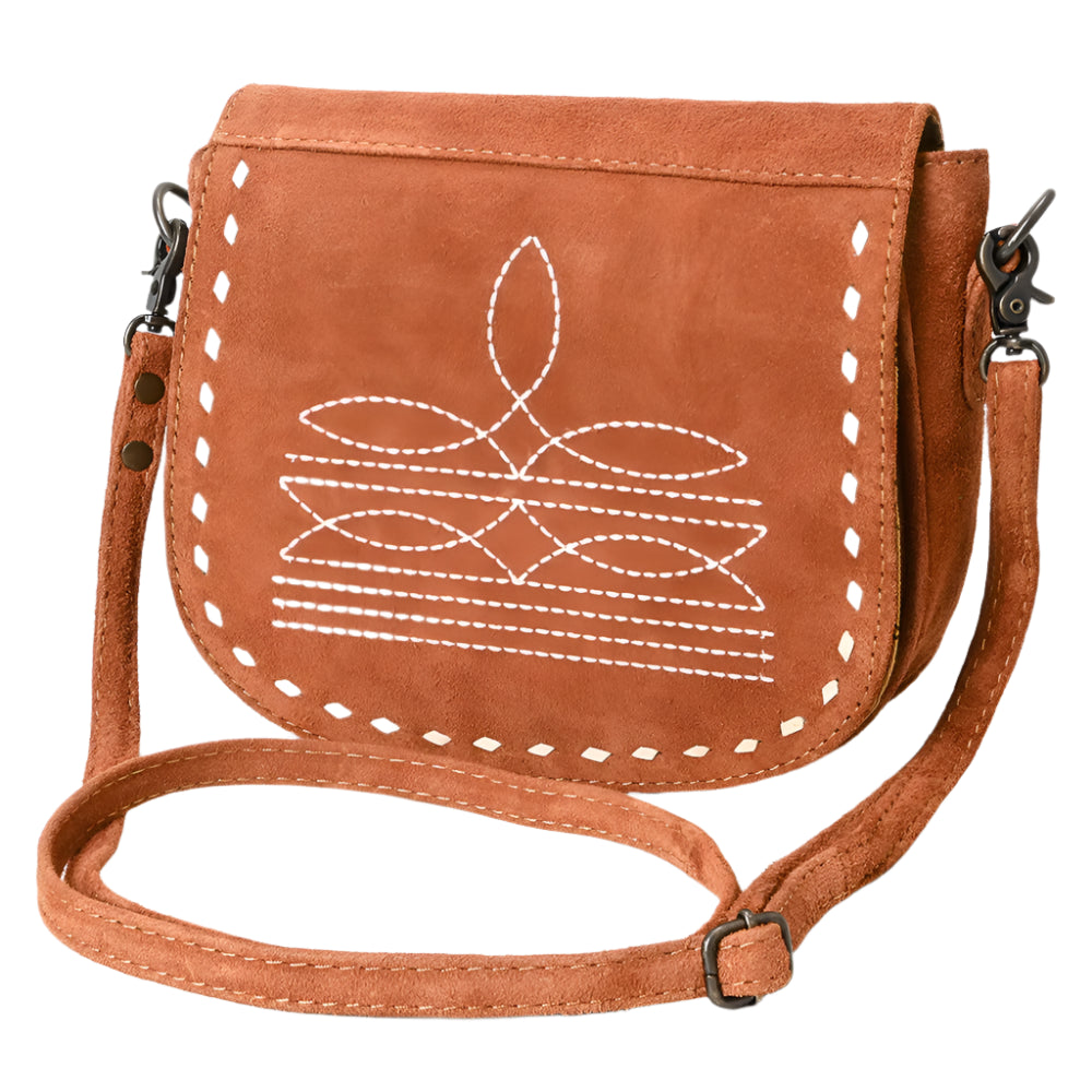 American Darling suede Brown crossbody bag with white embroidery on a white background