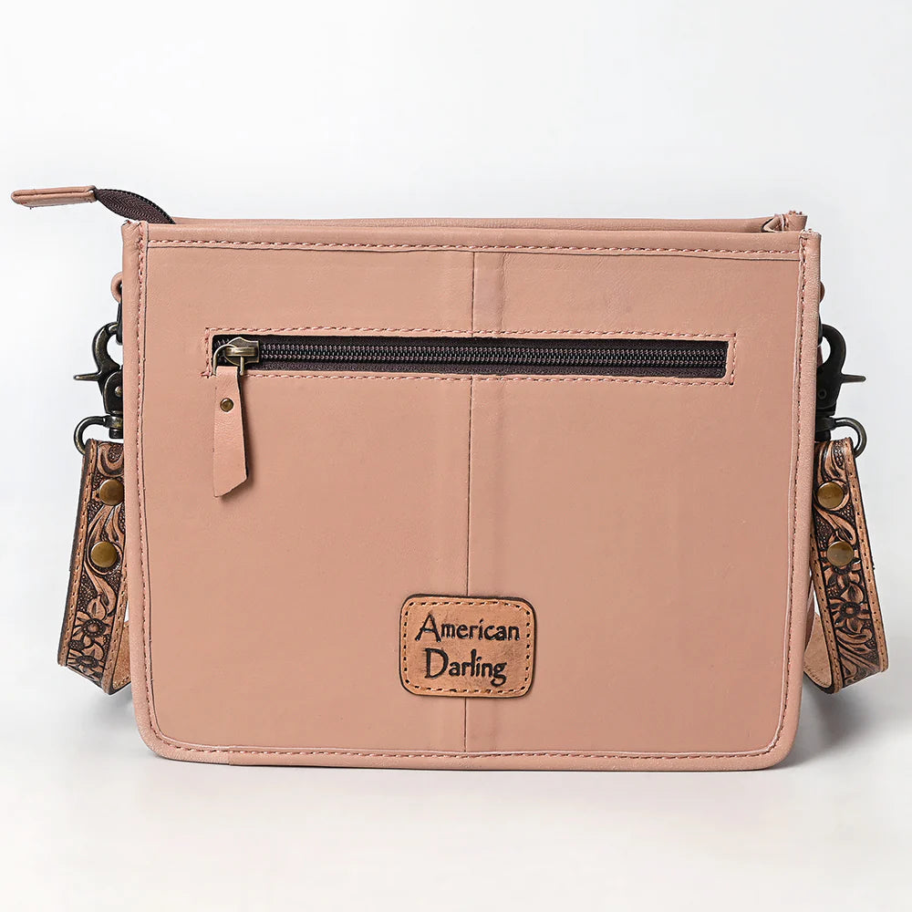 American Darling Pink Quilted Crossbody Western Bag. Tan handbag with 'American Darling' logo on a white background