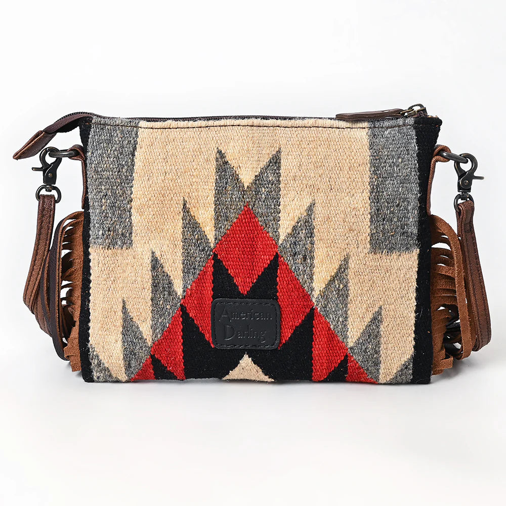 American Darling Southwestern Wool Crossbody Handbag. Woven handbag with geometric pattern on a white background