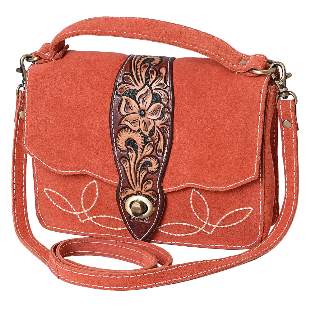 American Darling Burnt Orange Suede Western Shoulder Bag. Orange crossbody bag with floral tooled leather strap on a white background