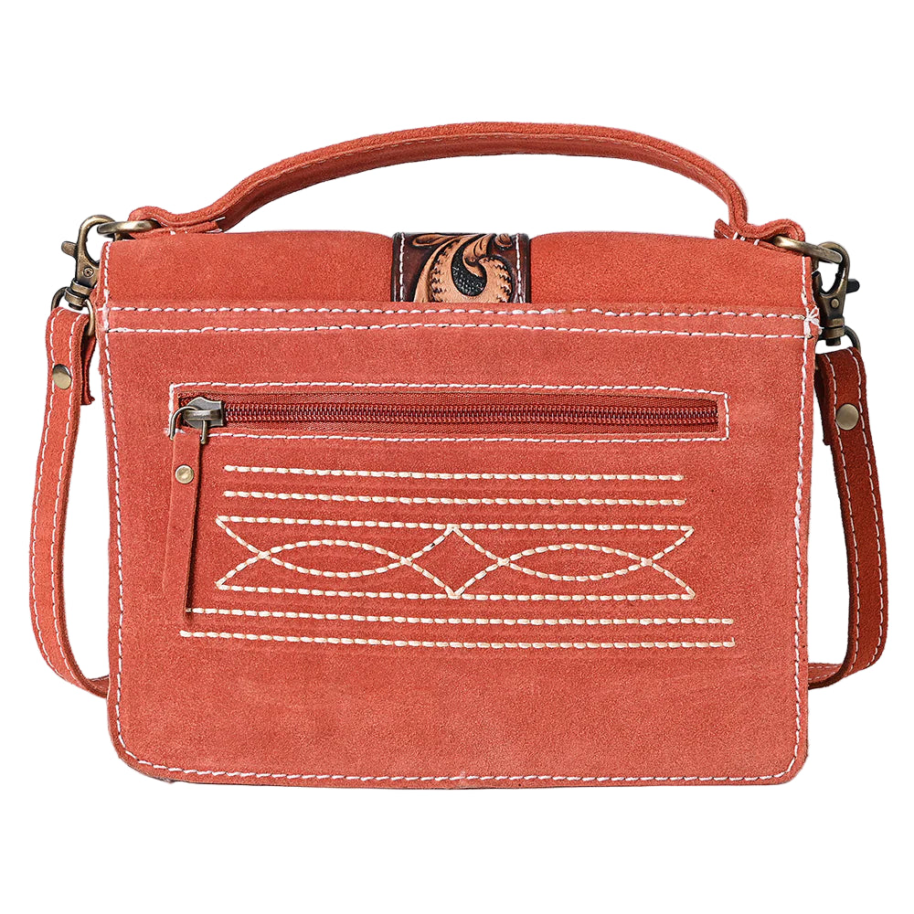 American Darling Burnt Orange Suede Western Shoulder Bag. Red handbag with white stitching on a white background