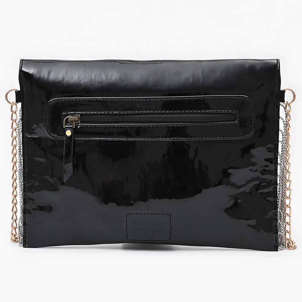 American Darling Rock & Roll Western Handbag. Black patent leather clutch bag with gold chain on a white background