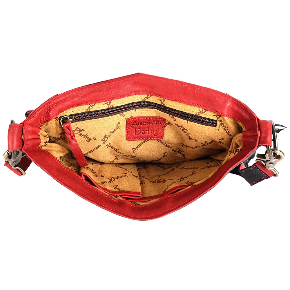 American Darling Cowgirl Statement Western Rodeo Messenger Bag. Red handbag with beige interior and 'American Darling' logo on a white background