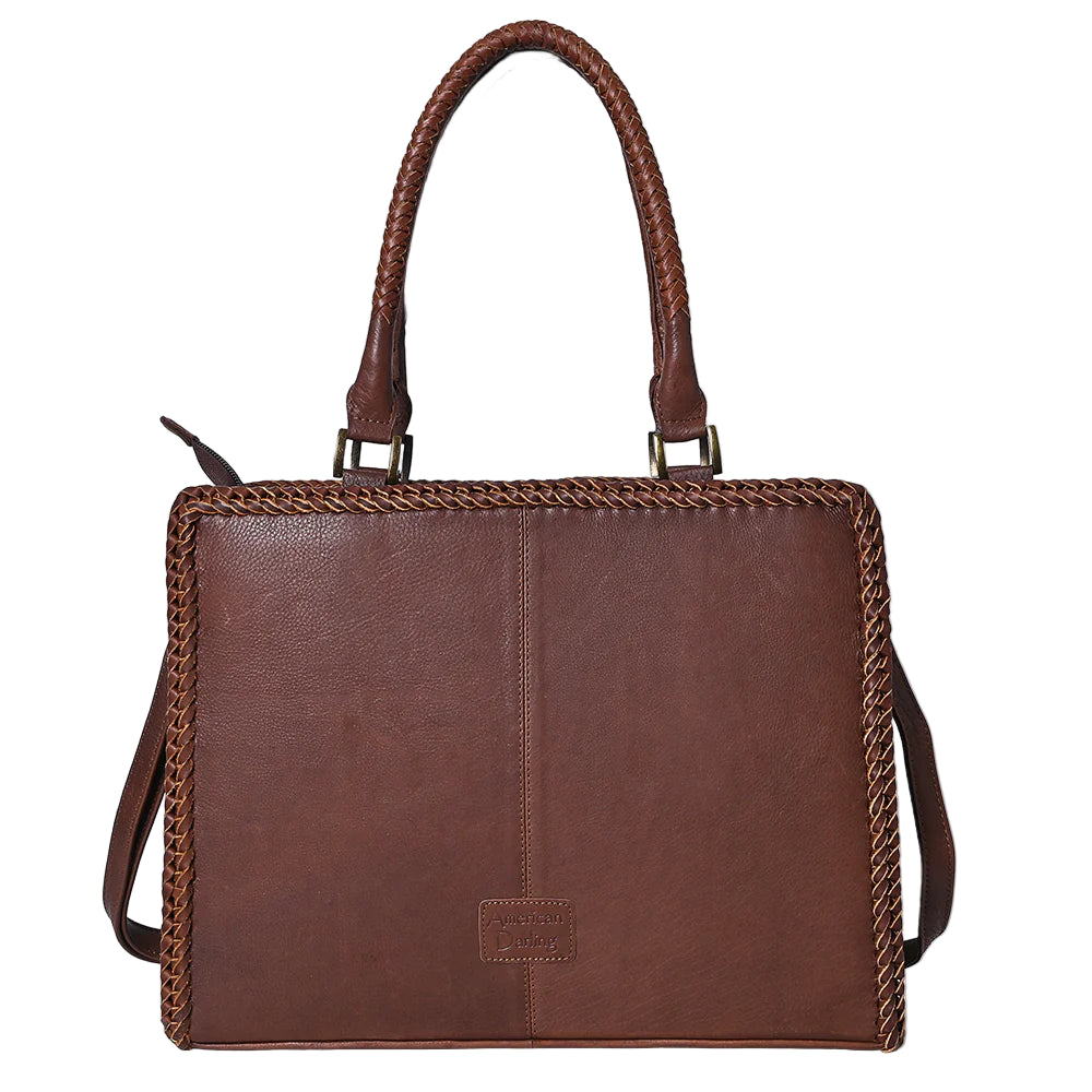 American Darling Desert Road Applique Western Tote. Brown leather handbag with braided handle on a white background