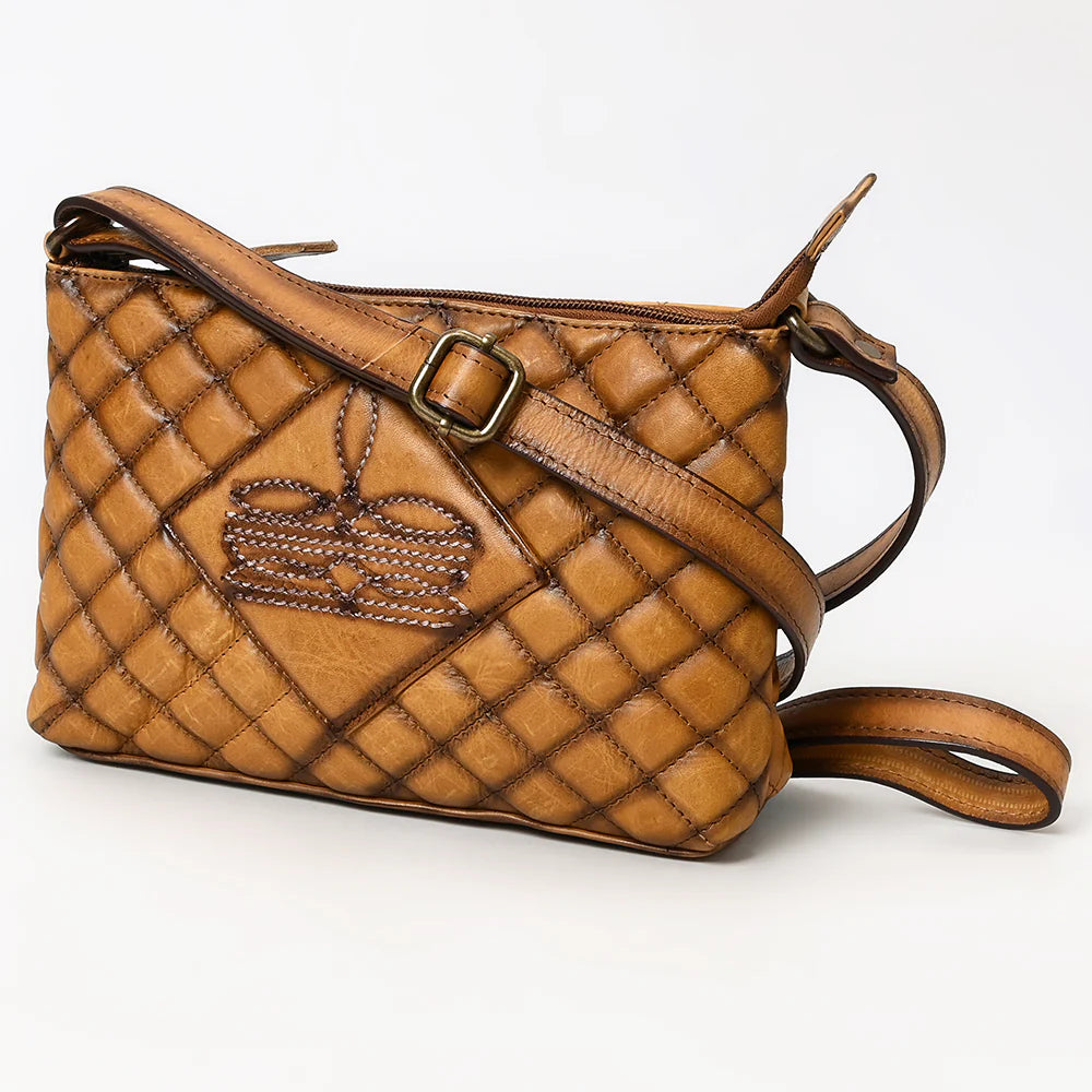 American Darling Western Stitch Quilted Tan Leather Crossbody Bag. Brown quilted handbag with a visible brand logo on a white background