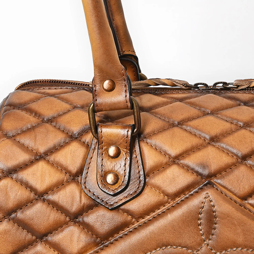 American Darling Western Stitch Quilted Barrel Duffel Bag with Dual Handles. Brown quilted leather handbag with gold accents on a white background