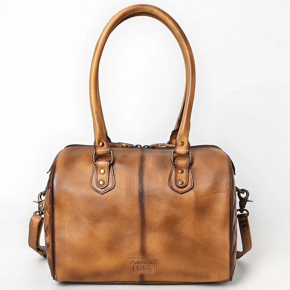 American Darling Western Stitch Quilted Barrel Duffel Bag with Dual Handles. Brown leather handbag with gold accents on a white background