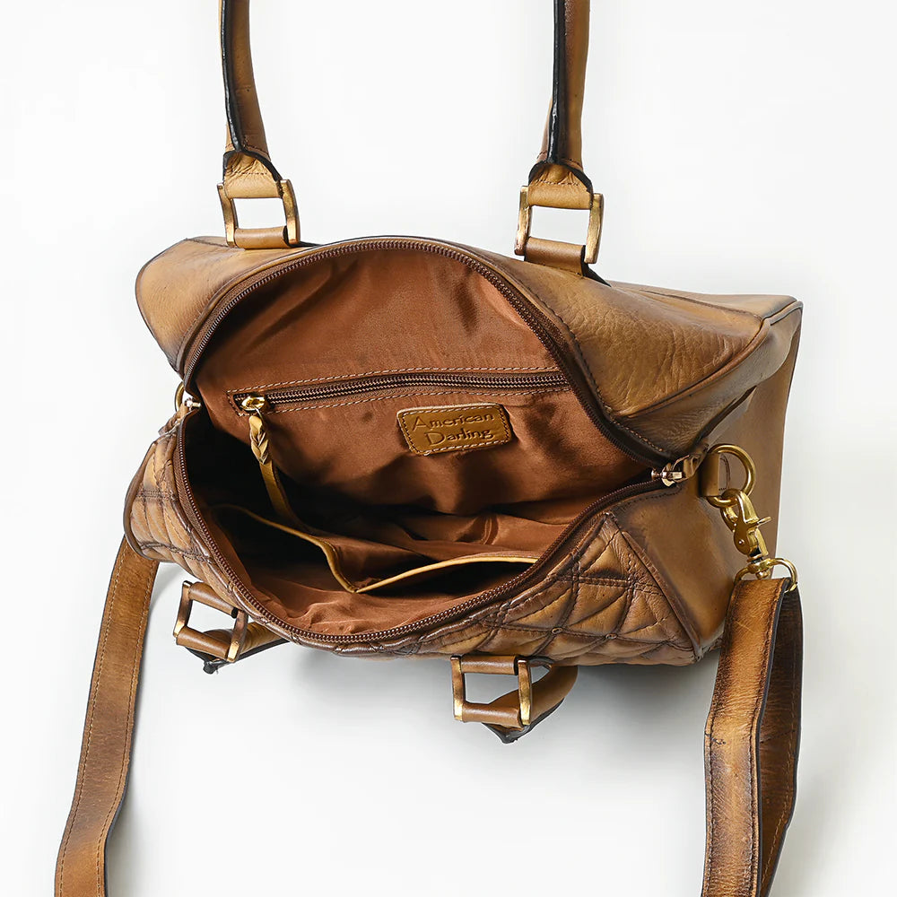 American Darling Genuine Leather Western Duffel Bag. Brown leather bag with gold hardware on a white background