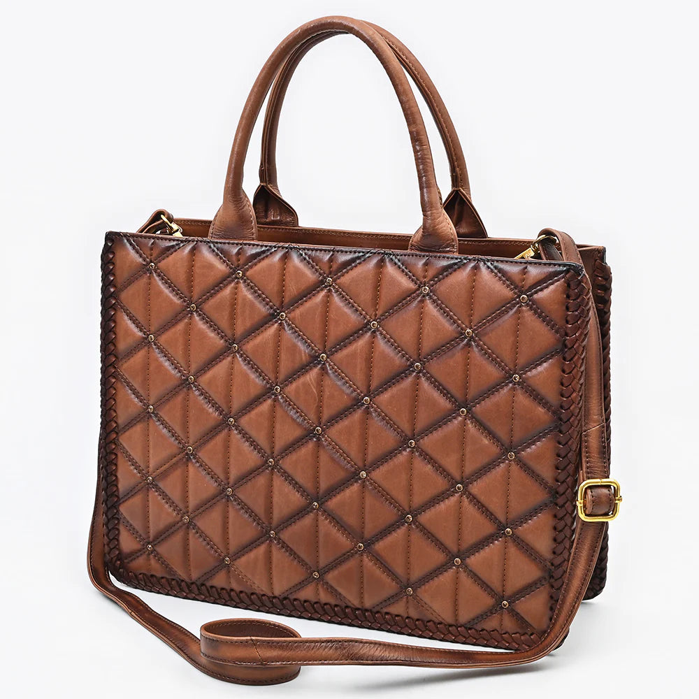 American Darling Western Genuine Leather Quilted Tote. Brown quilted handbag with a gold clasp on a white background