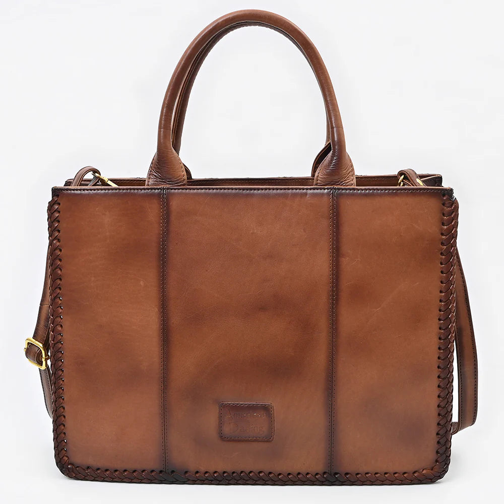 American Darling Western Genuine Leather Quilted Tote. Brown leather handbag on a white background