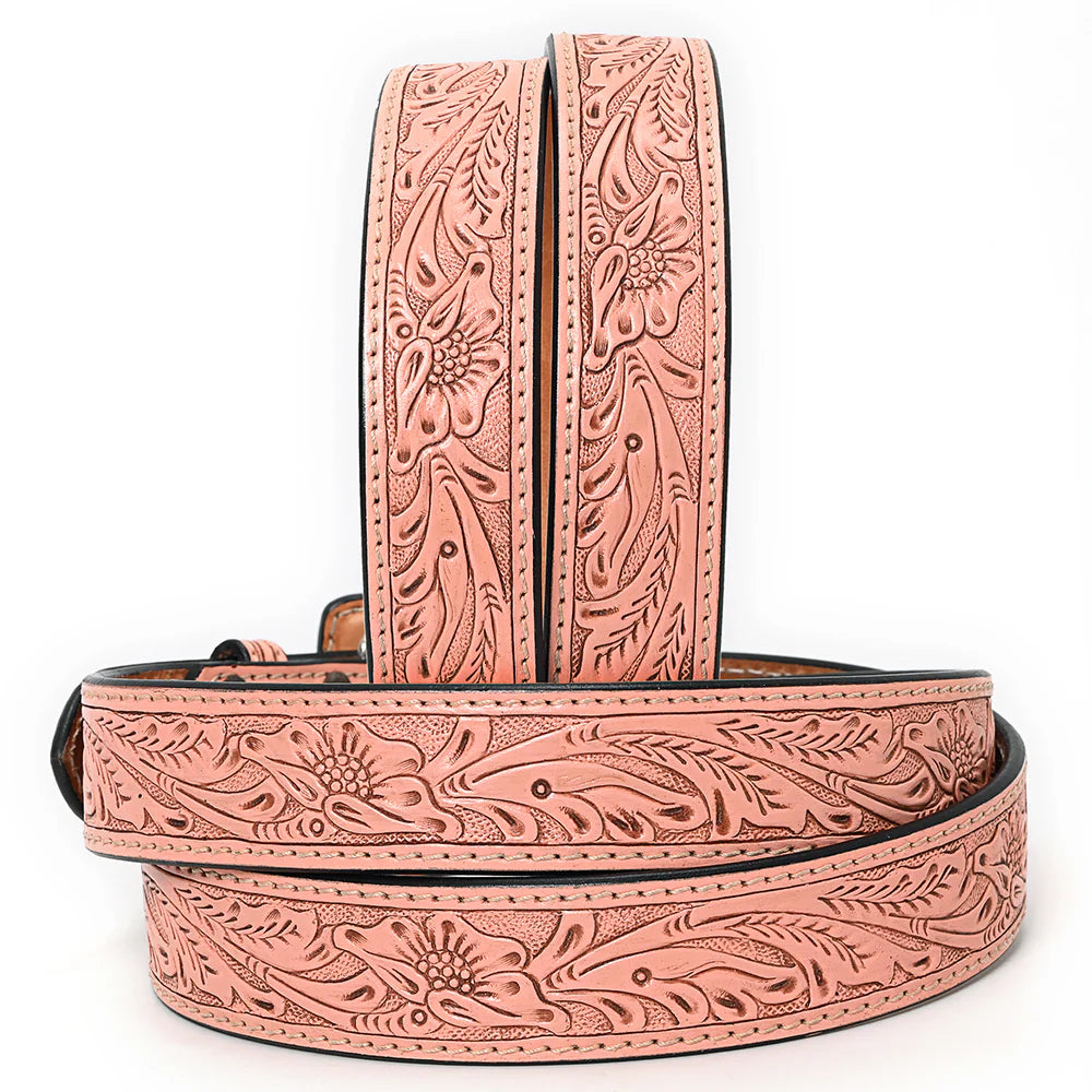 American Darling tooled western belt with floral patterns, primarily in a pink color, with a matching leather buckle.