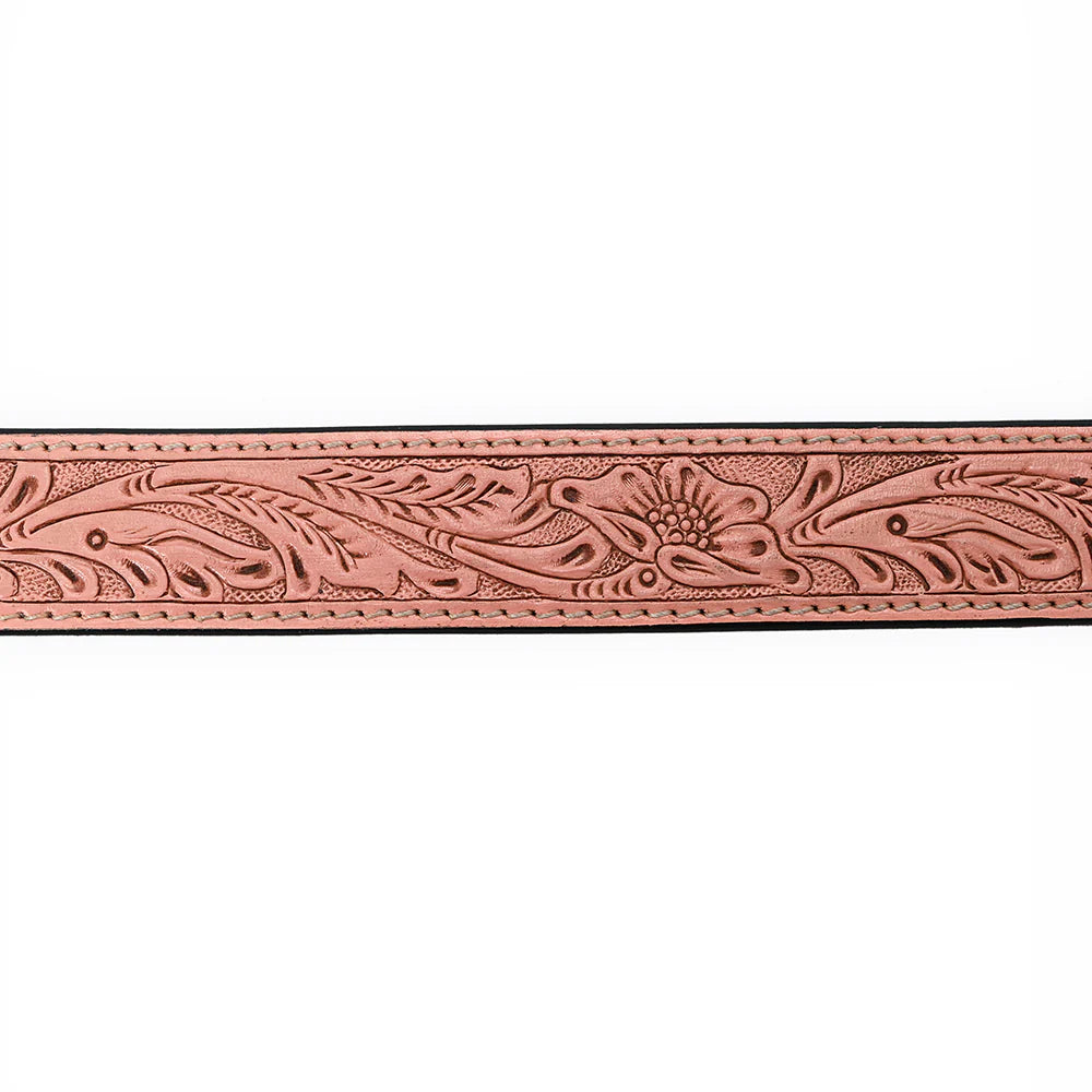 American Darling tooled western belt with floral patterns, primarily in a pink color, with a matching leather buckle.
