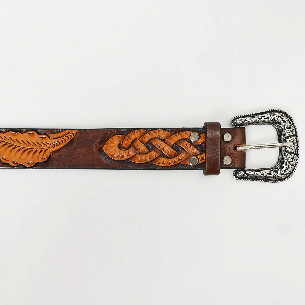 American Darling Brown leather western belt with braided design and silver buckle on a white background