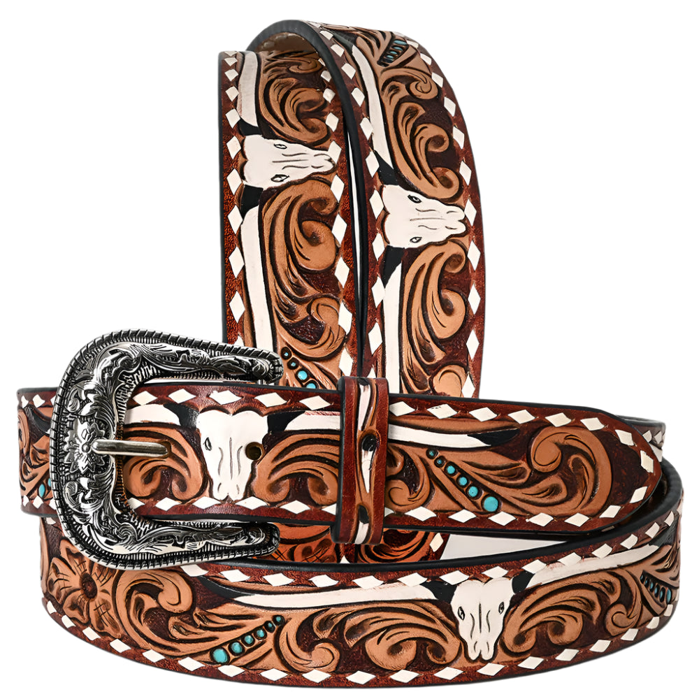American Darling decorative western leather belt with intricate patterns and a silver buckle on a white background