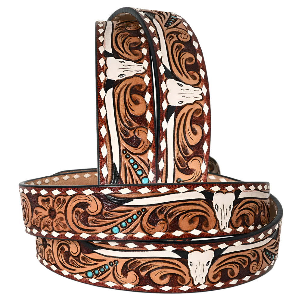 American Darling decorative western leather belt with intricate patterns and a silver buckle on a white background