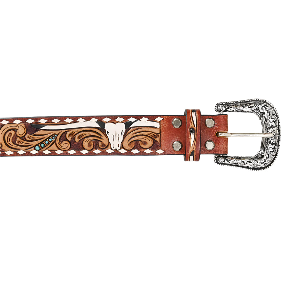 American Darling decorative western leather belt with intricate patterns and a silver buckle on a white background