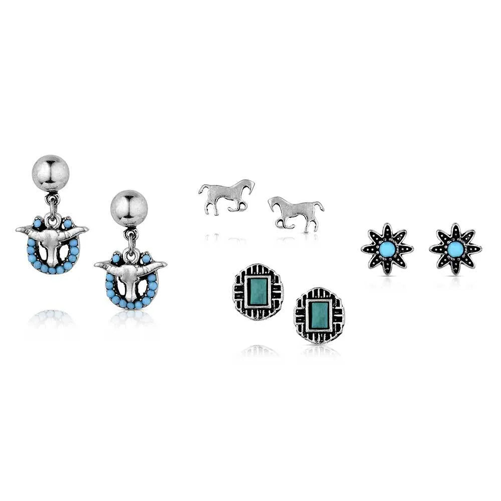 Montana Silversmith Everyday Western Set of 4 Earrings. Set of silver and turquoise earrings on a white background