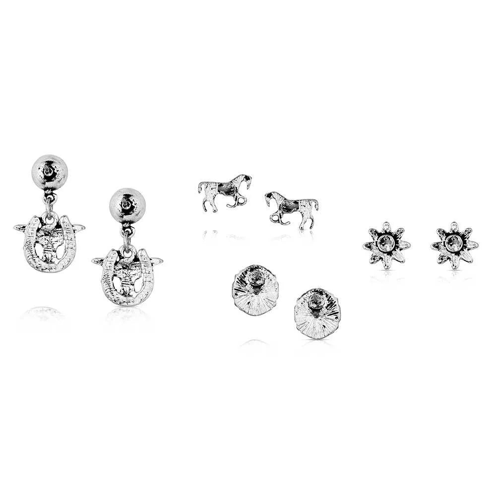 Montana Silversmith Everyday Western Set of 4 Earrings. Set of silver earrings with clear stones on a white background
