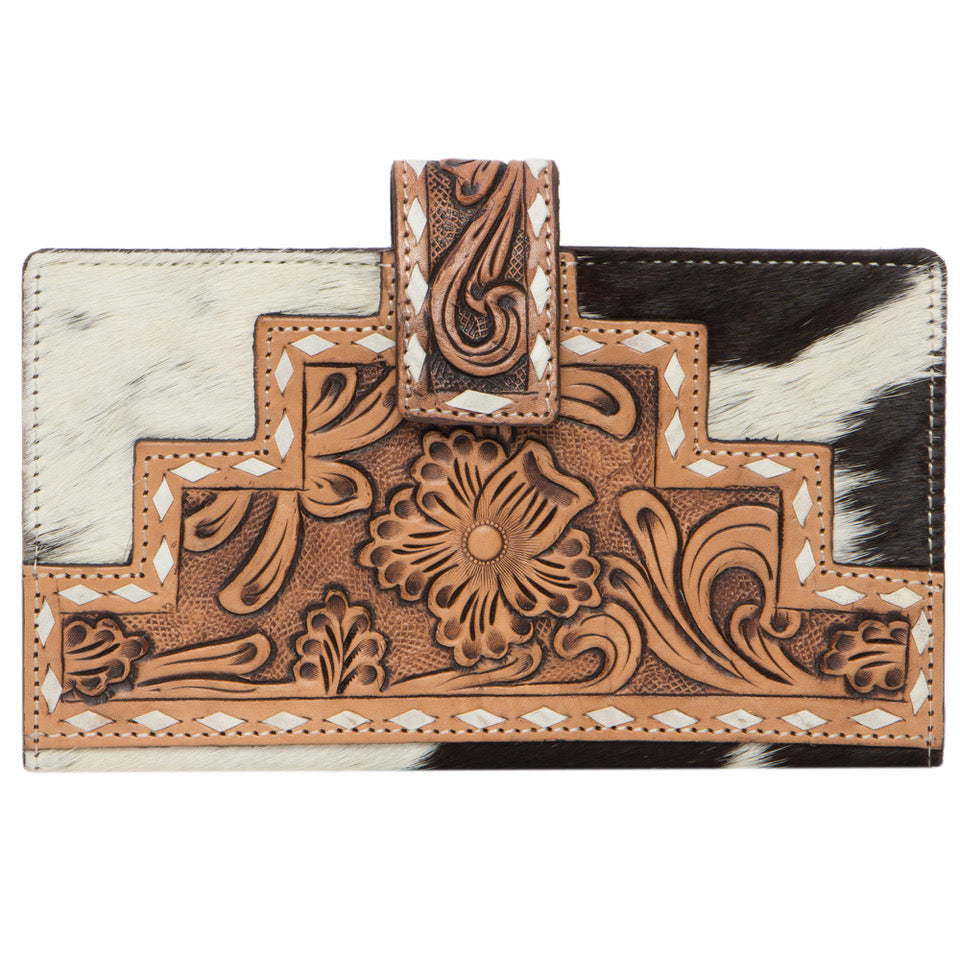 Women's Manta Tooling Leather Slim Button Wallet. A multicolor leather wallet with intricate hand tooling and a magnetic button closure.
