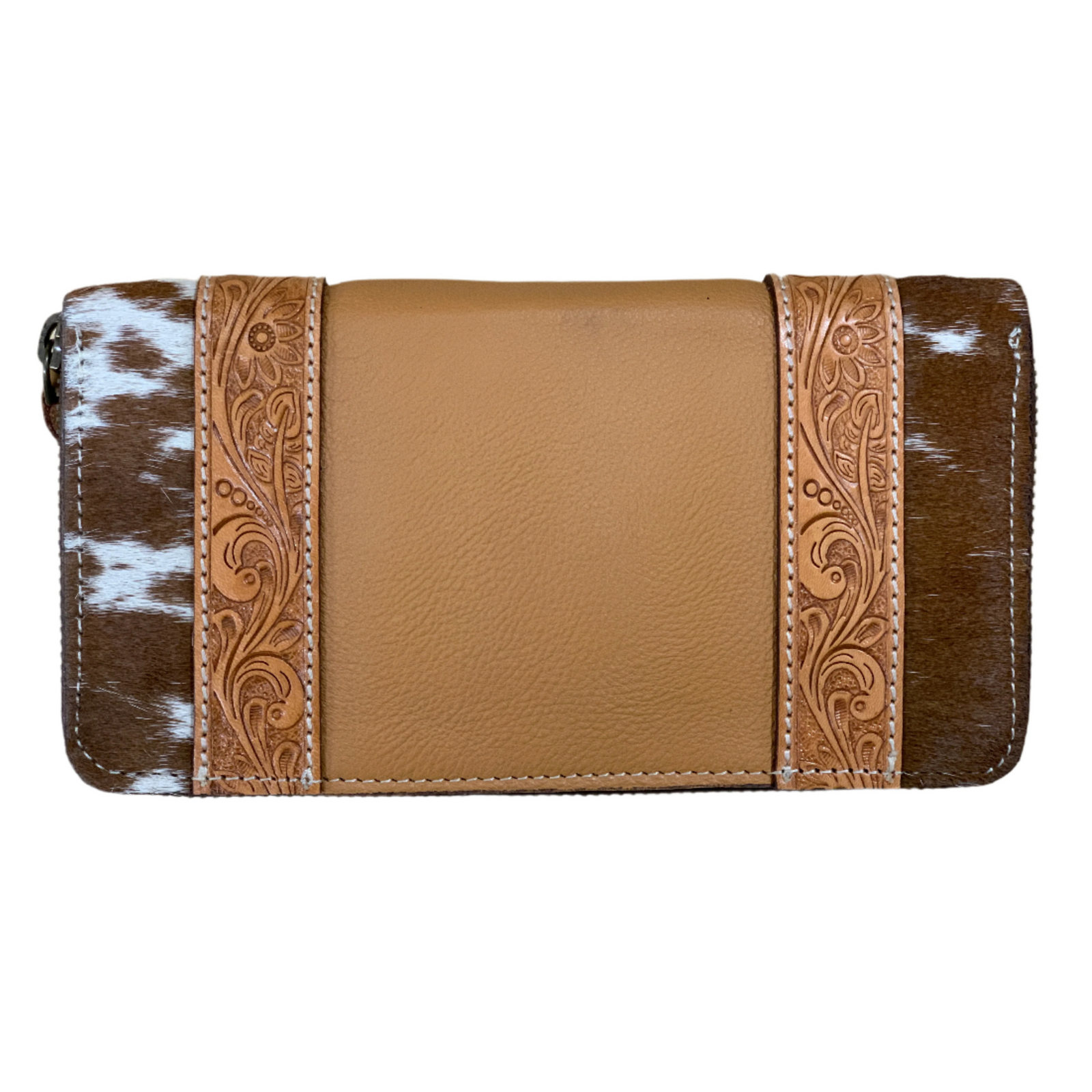 Women's Moore Leather Boot Stitch Zippered Wallet. Brown leather wallet with cowhide trim on a white background