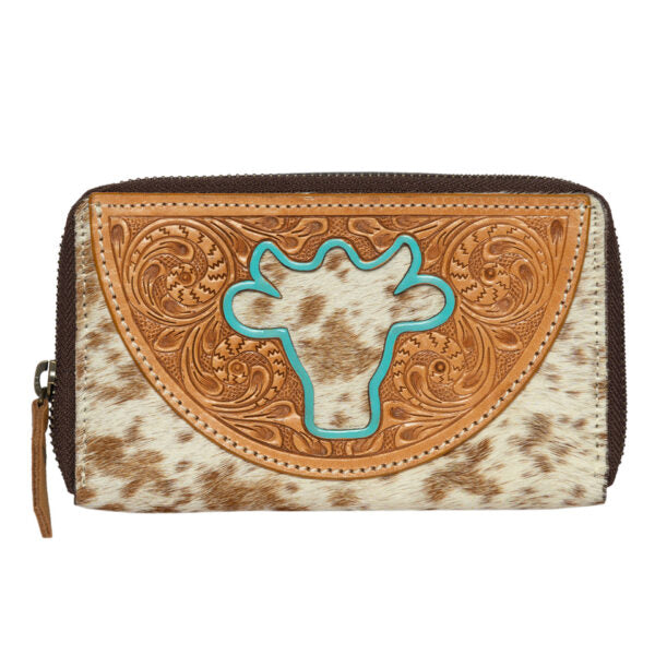 The Design Edge Women's Ronda Bullhead Wallet. Cowhide wallet with decorative stitching and turquoise cow head design on a white background.