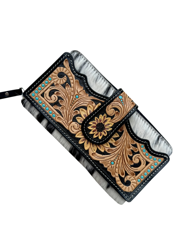 Cowhide Sunflower Tooling Leather Zippered Wallet. Decorative wallet with intricate patterns and turquoise stones on a white background