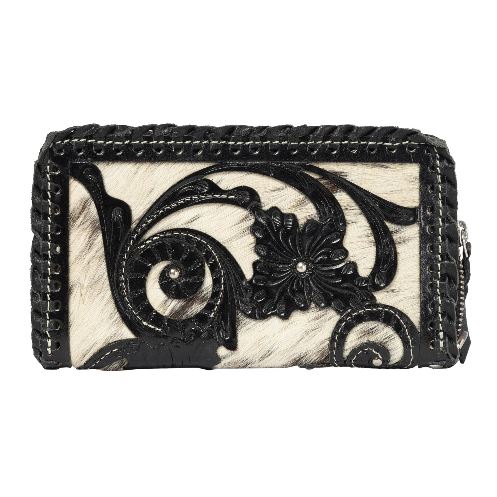 Black and white wallet with floral design on a white background