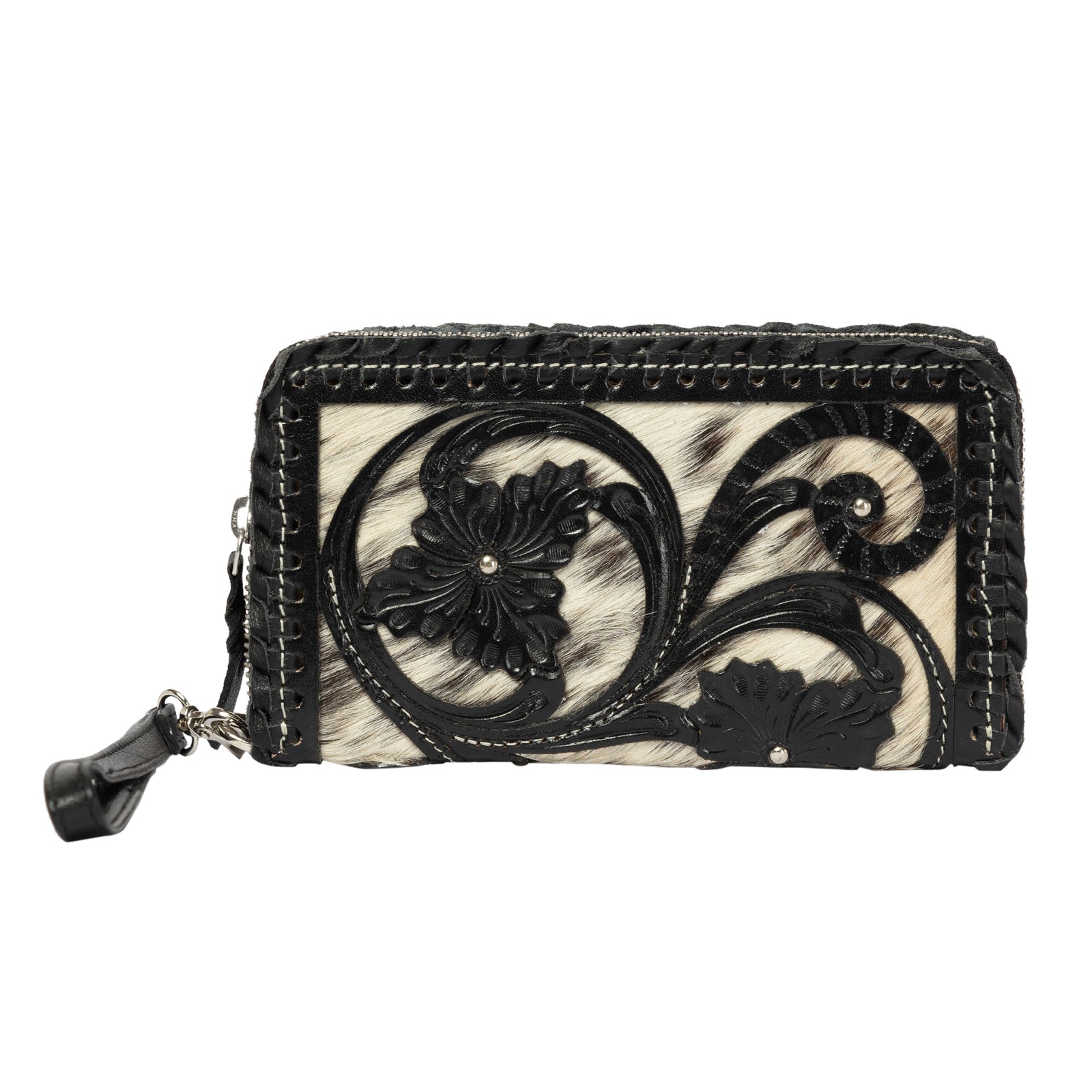 Black and white floral wallet with decorative patterns on a white background