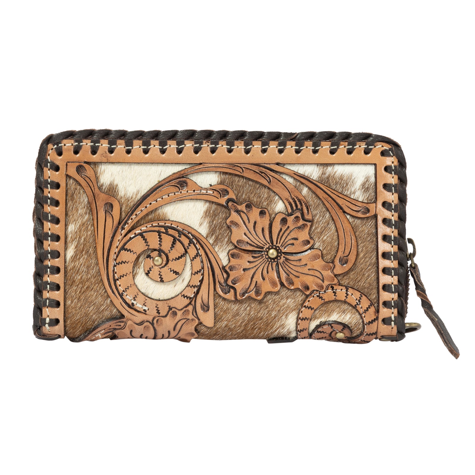 Brown leather wallet with floral and swirl designs on a white background