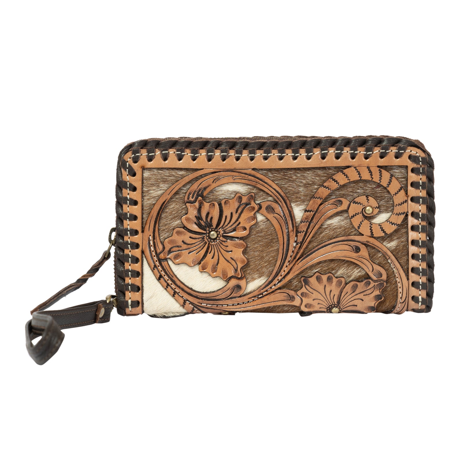Brown leather wallet with floral design on a white background