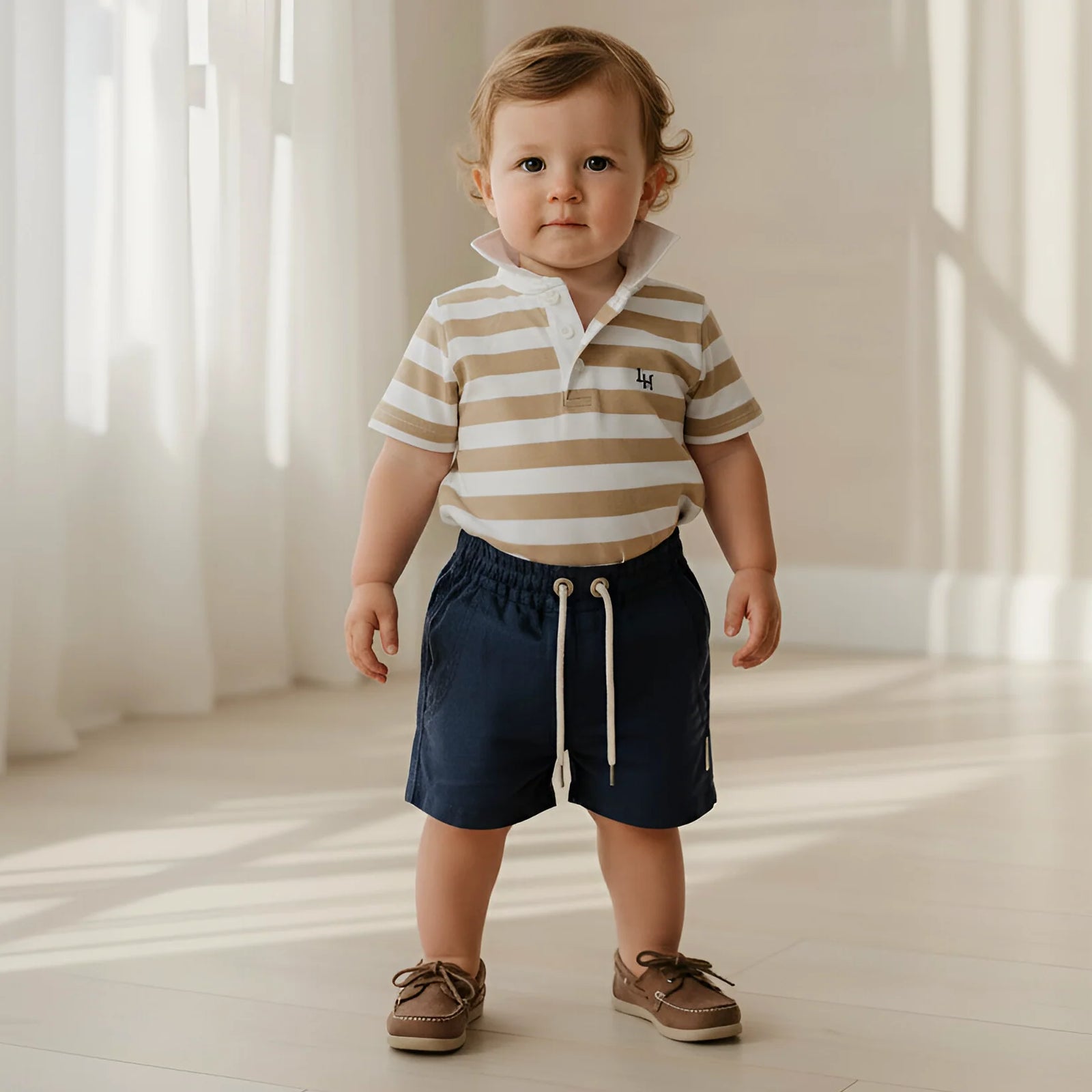 A toddler standing indoors wearing a beige and white striped short-sleeve polo shirt, navy drawstring shorts, and brown boat shoes in a bright room with soft sunlight and curtains.