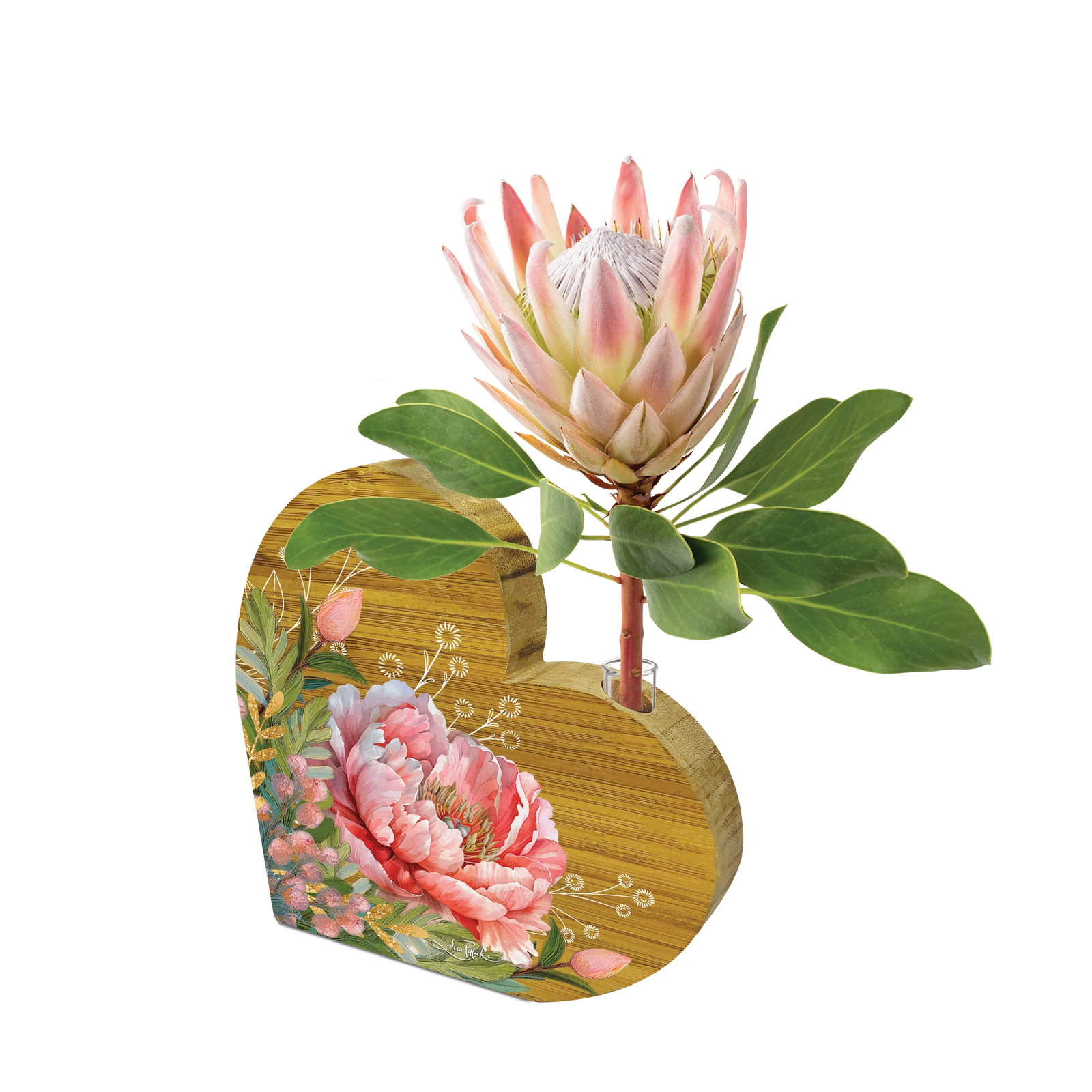 Lisa Pollock Bamboo Bud Vase - Coral Peony. Decorative planter with a pink flower and green leaves on a white background