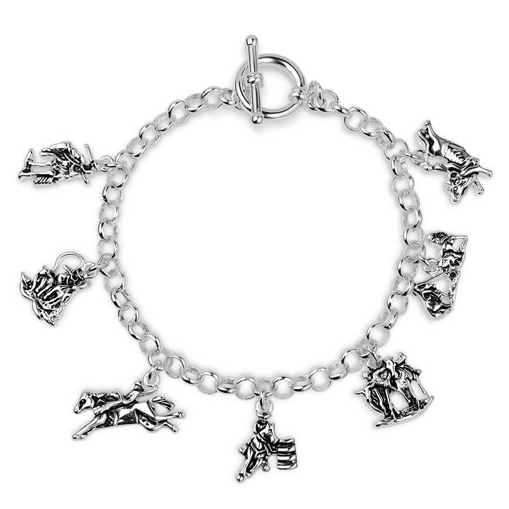 Montana Silversmith Rodeo Bracelet. A silver-colored metal bracelet for women with animal charm pendants, featuring a toggle clasp.