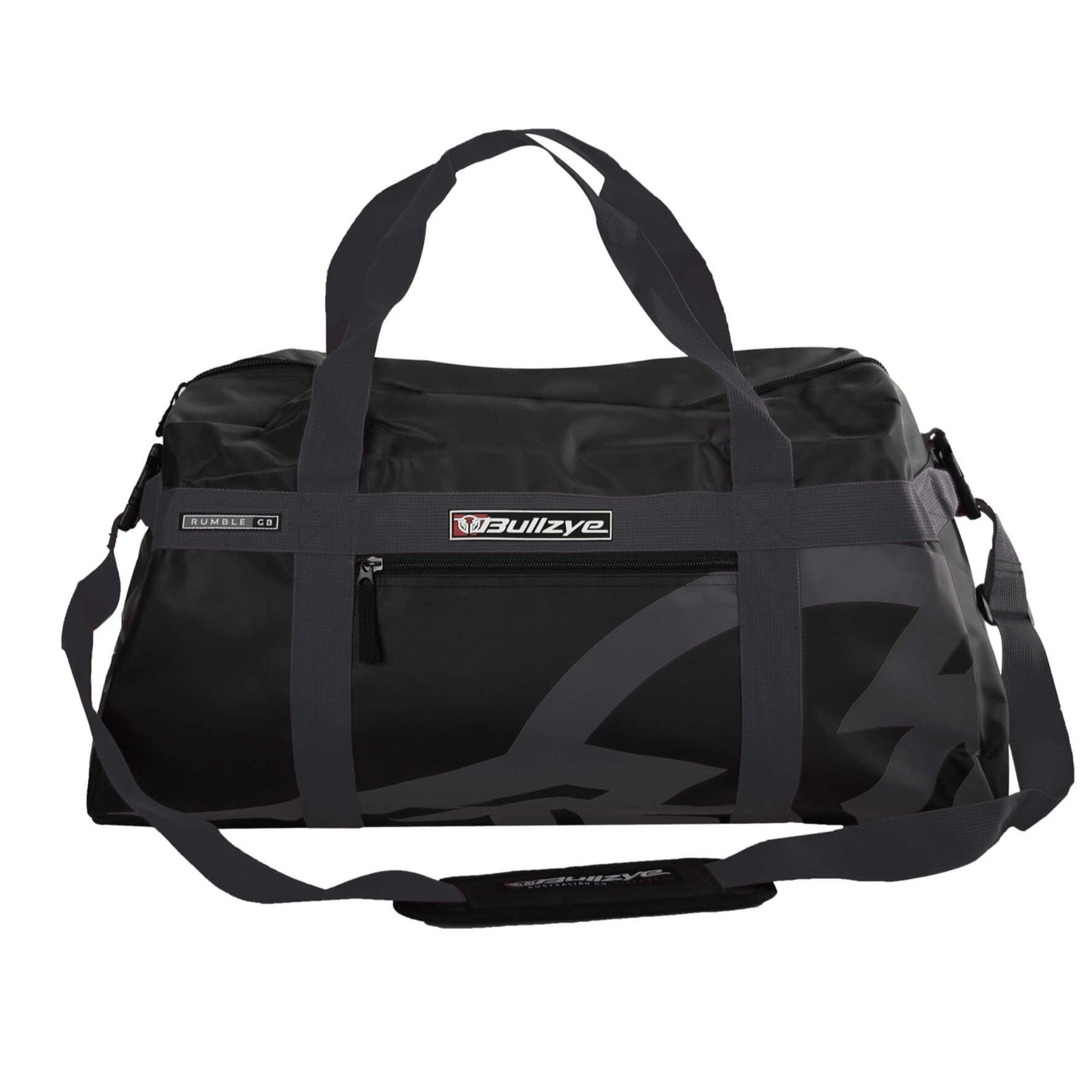 Bullzye Rumble Gear Bag. A black Bullzye bag with a large main compartment and additional side and front compartments, featuring a shoulder strap and two carry handles.