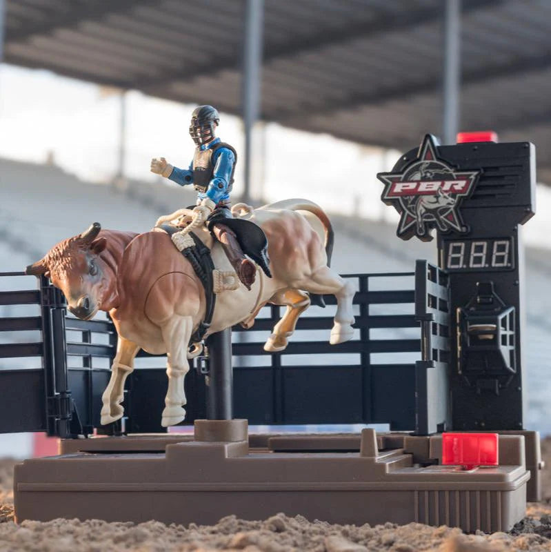 Toy figure of a bull rider on a toy bull with a PBR logo in the background.