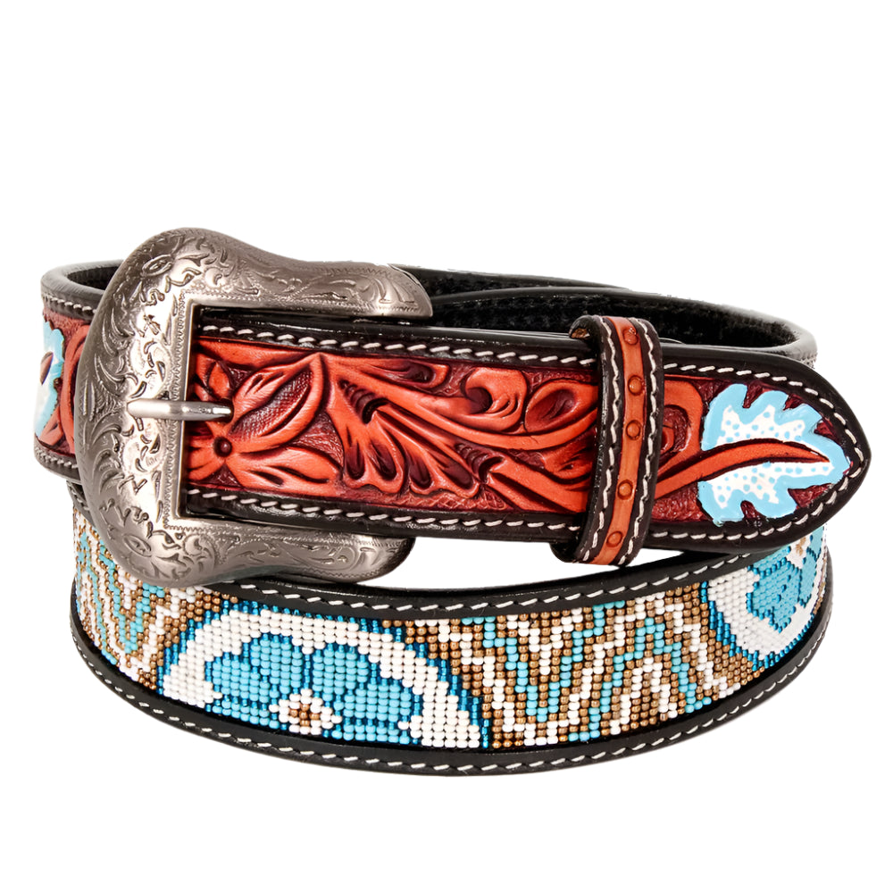 American Darling beaded western belt with decorative buckle and patterned strap on a white background