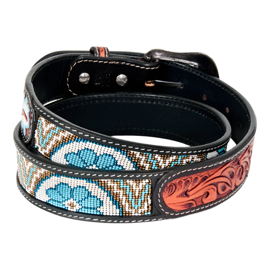 American Darling beaded western belt with decorative buckle and patterned strap on a white background