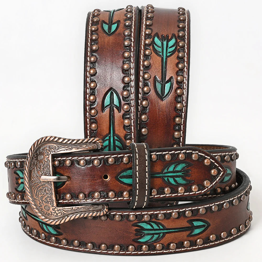 American Darling brown western leather belt with turquoise arrow designs and a large metal buckle on a white background