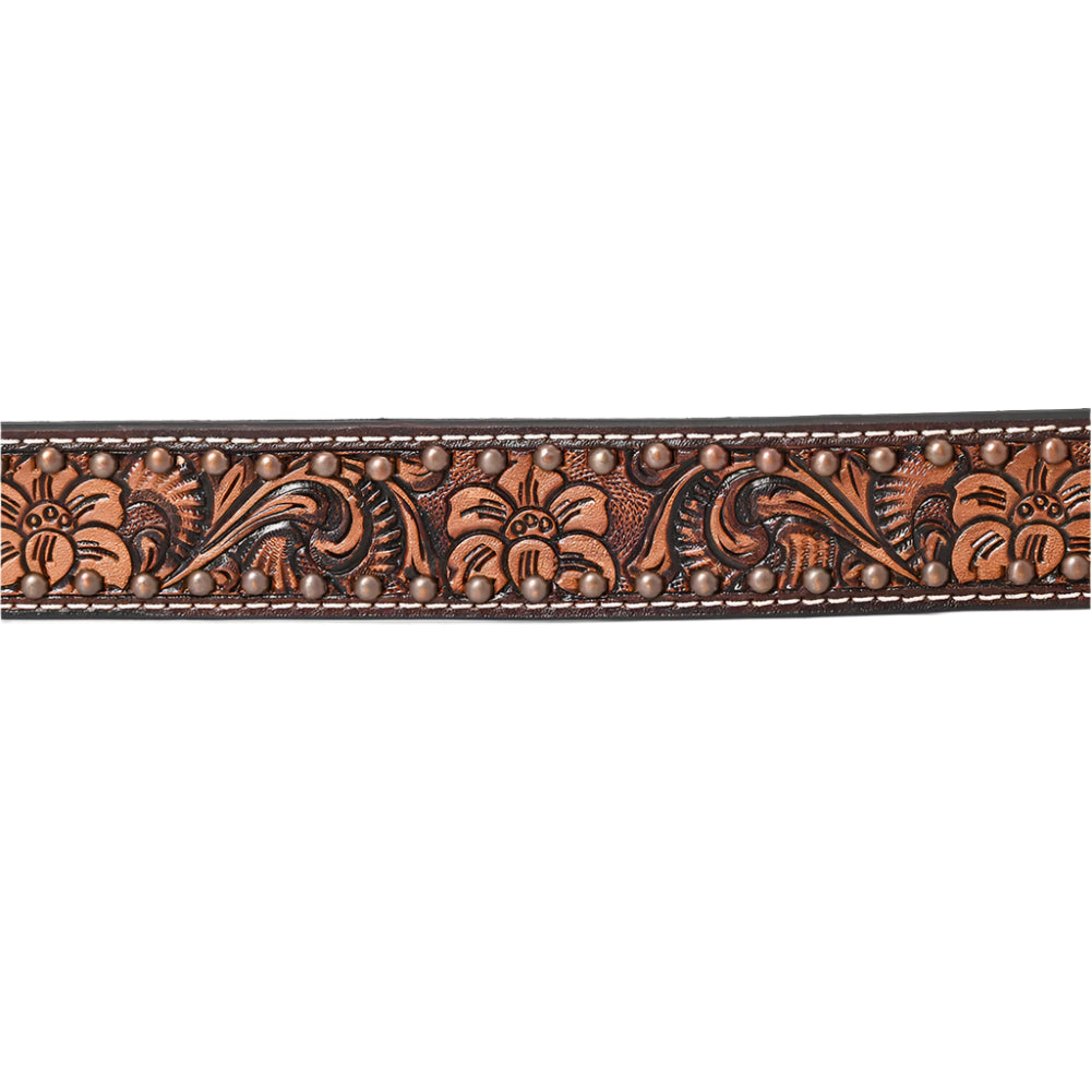 American Darling decorative western leather belt with floral patterns and studs on a white background