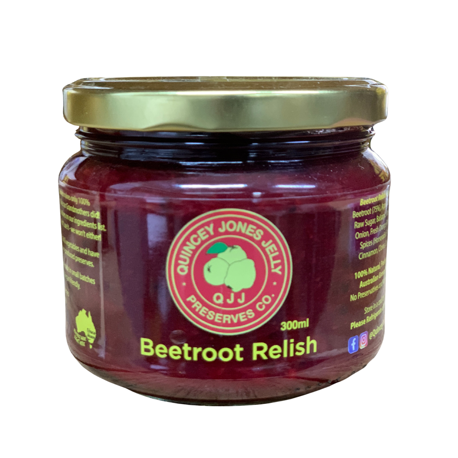 Quincey Jones 300ml Beetroot Relish. Jar of Quincey Jones Jelly Beetroot Relish with a gold lid on a white background